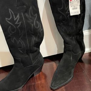 NWT Zara Black Suede leather cowboys boots knee length